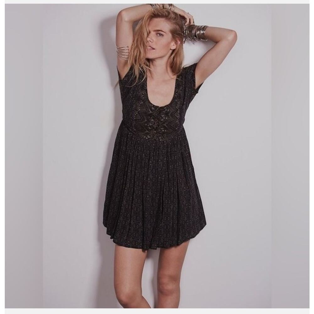 Free People Sundown Babydoll Mini Dress Small Black Pleated Boho Flowy Fall